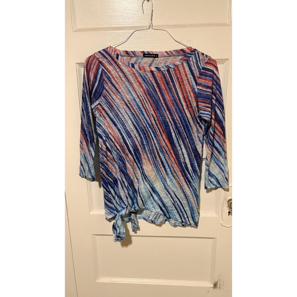 David Cline Multicolor Stripe Side Tie Crinkle Knit Top 3/4 Sleeve Size S